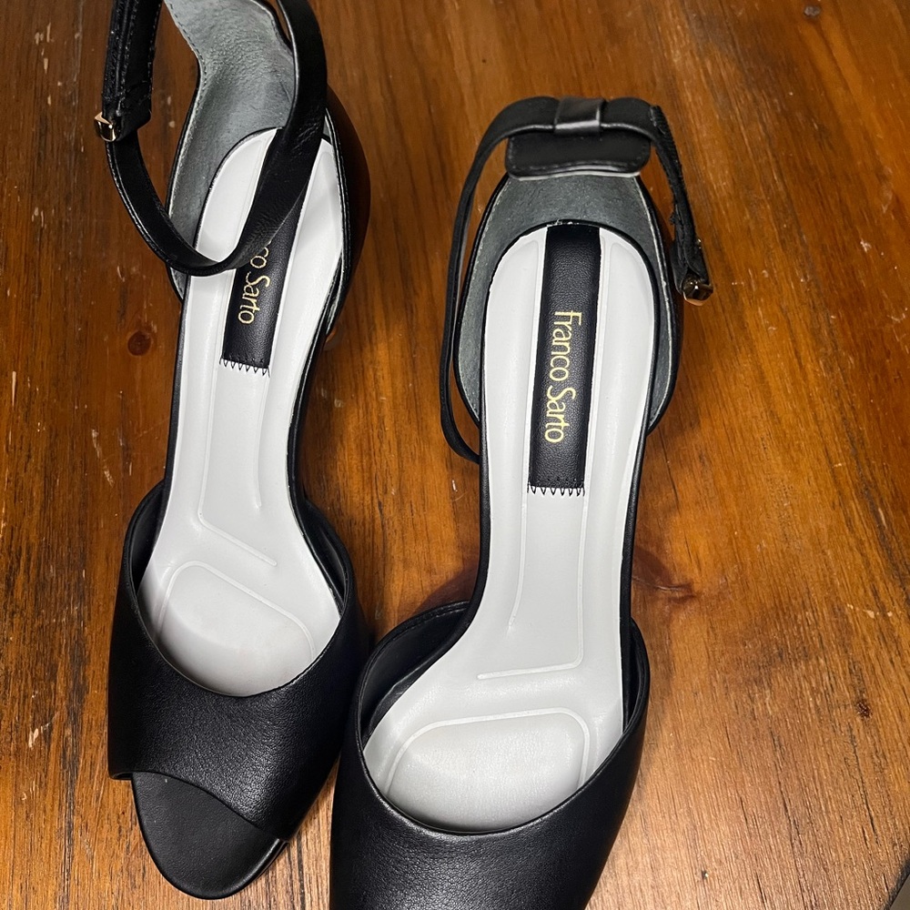 Franco Sarto Black Open-Toe Gold Heels